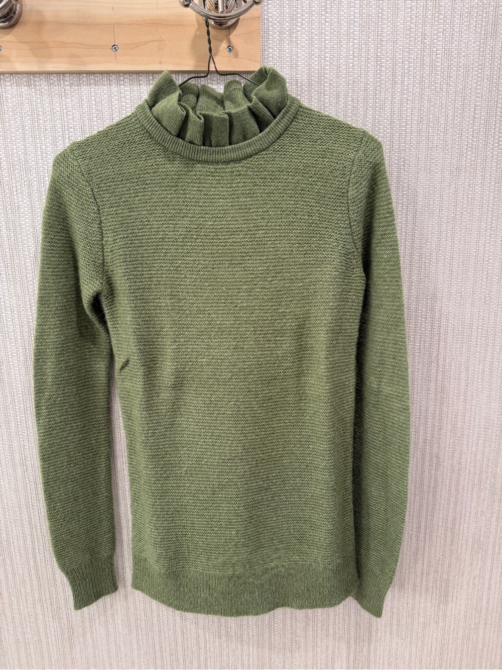 J. Crew Olive Ruffle Mock Neck Sweater